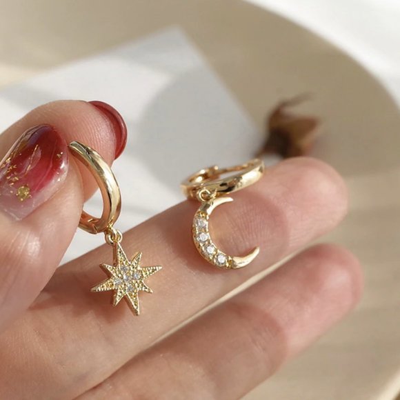 Mismatch Moon and Star Goldtone Huggie Earrings - Picture 1 of 6